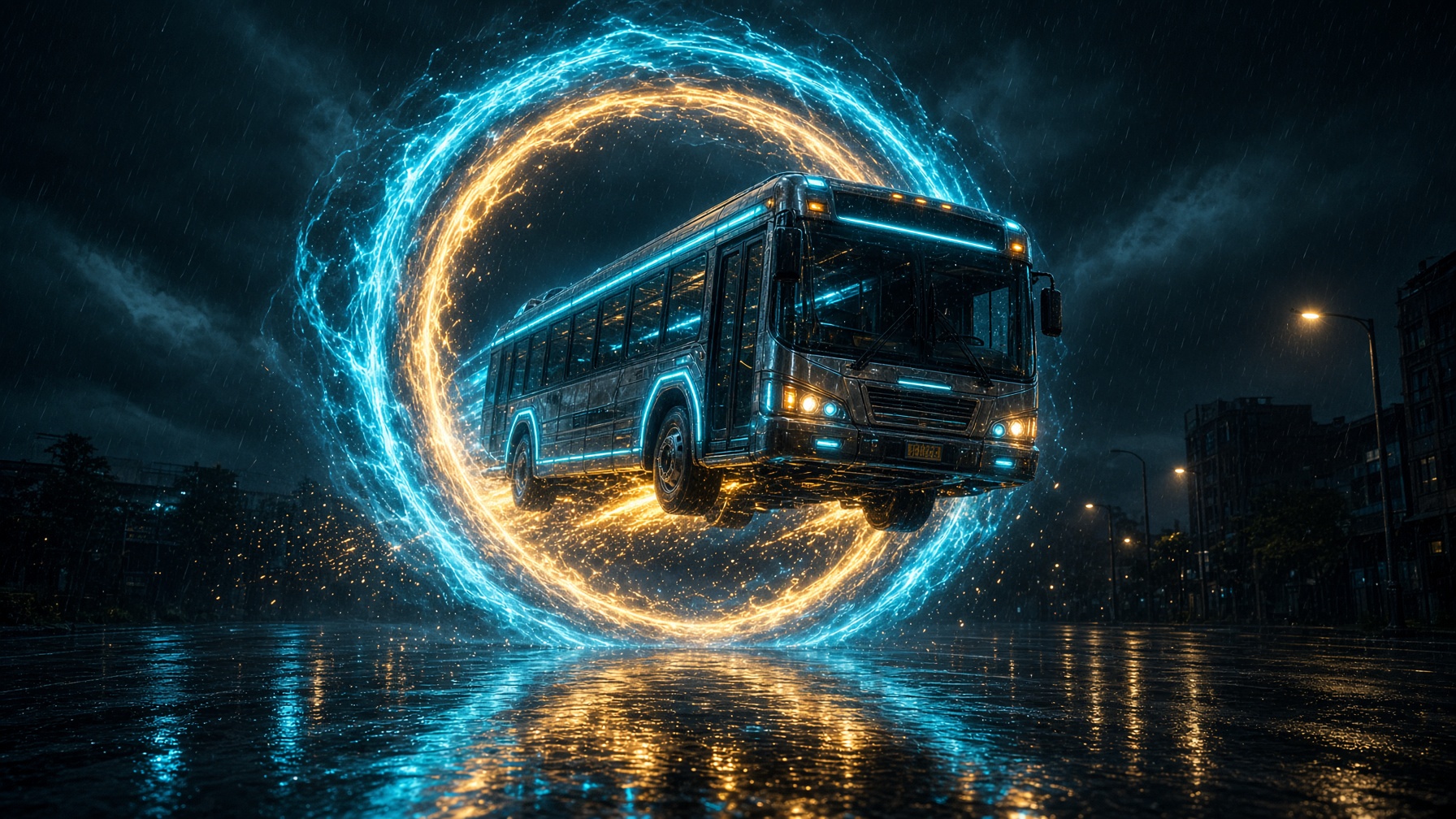A city bus emerging from a cyan-gold portal