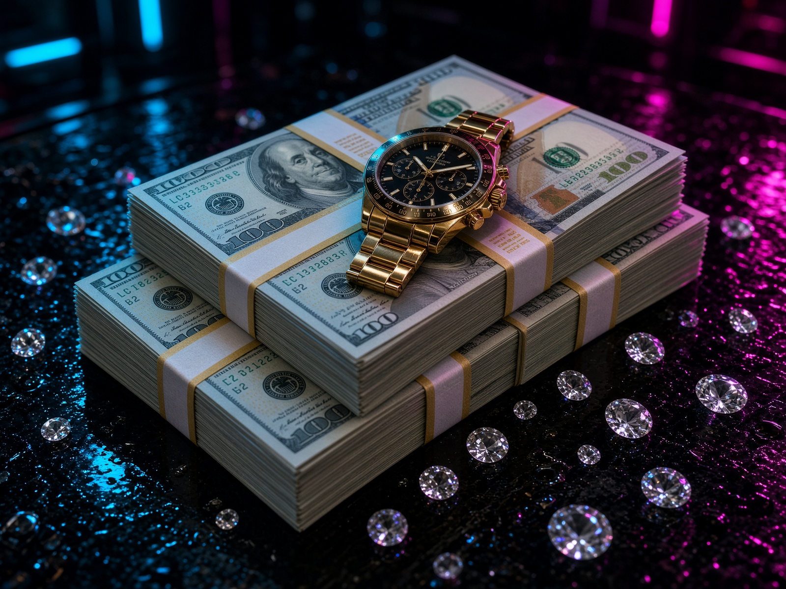 Stacks of hundred-dollar bills and a gold watch on black glass