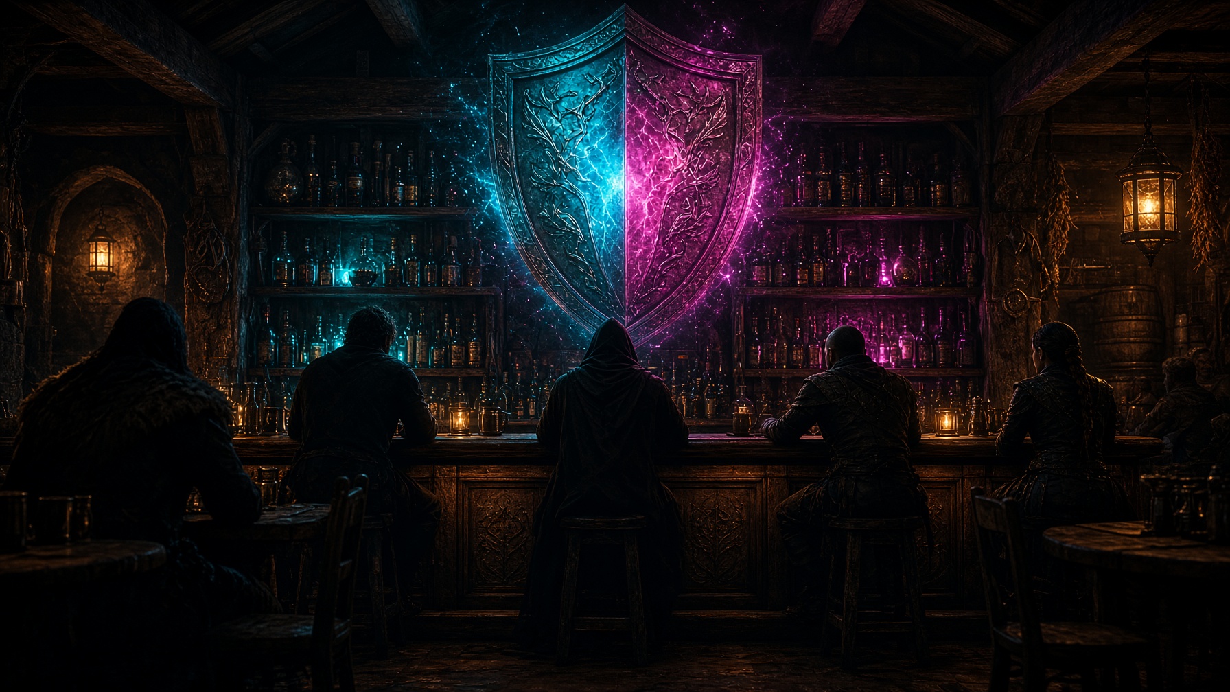 People at a bar under a glowing RLF shield banner