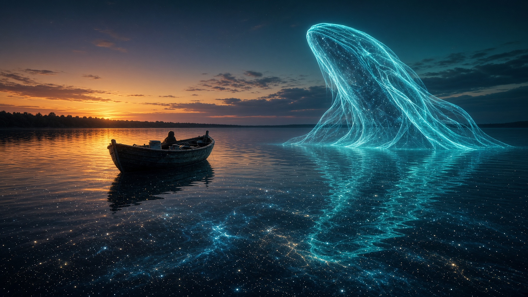 A fishing boat on a cosmic ocean