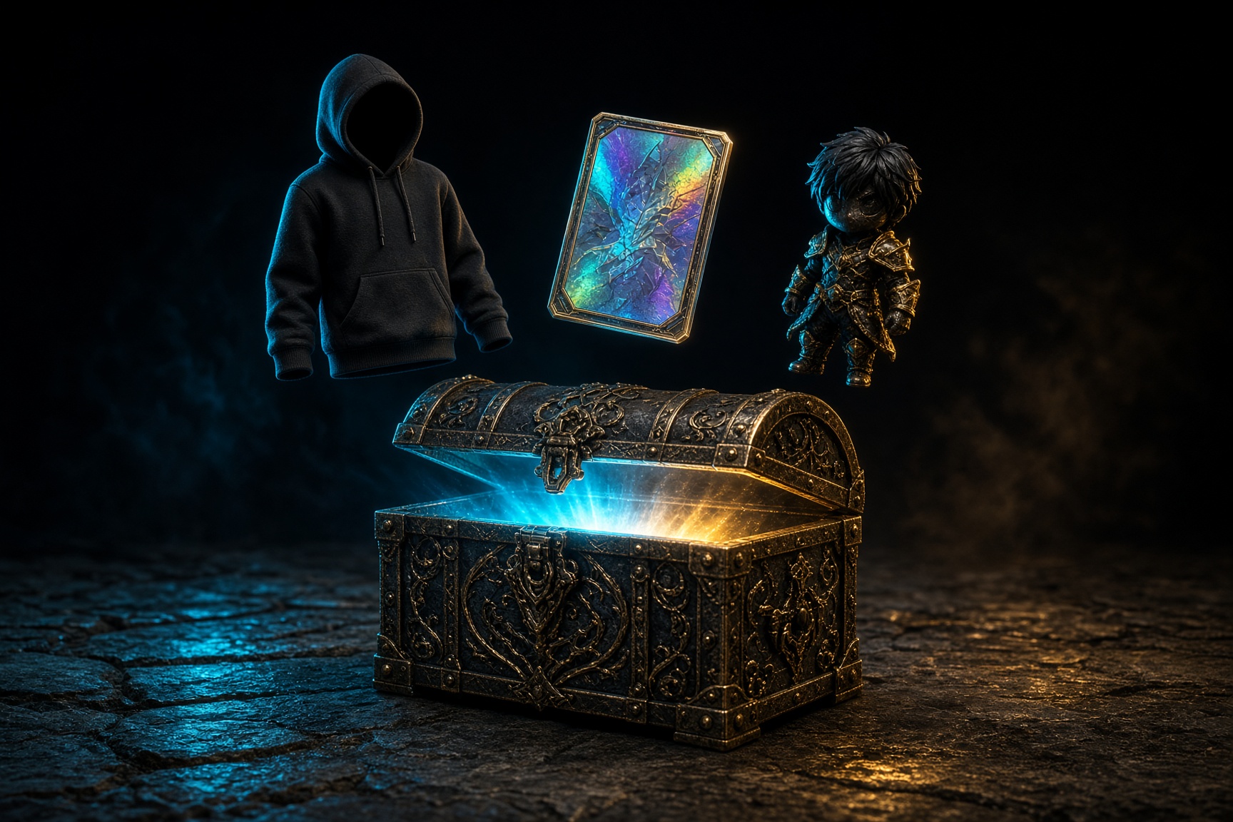 A glowing crate with floating merch and cards