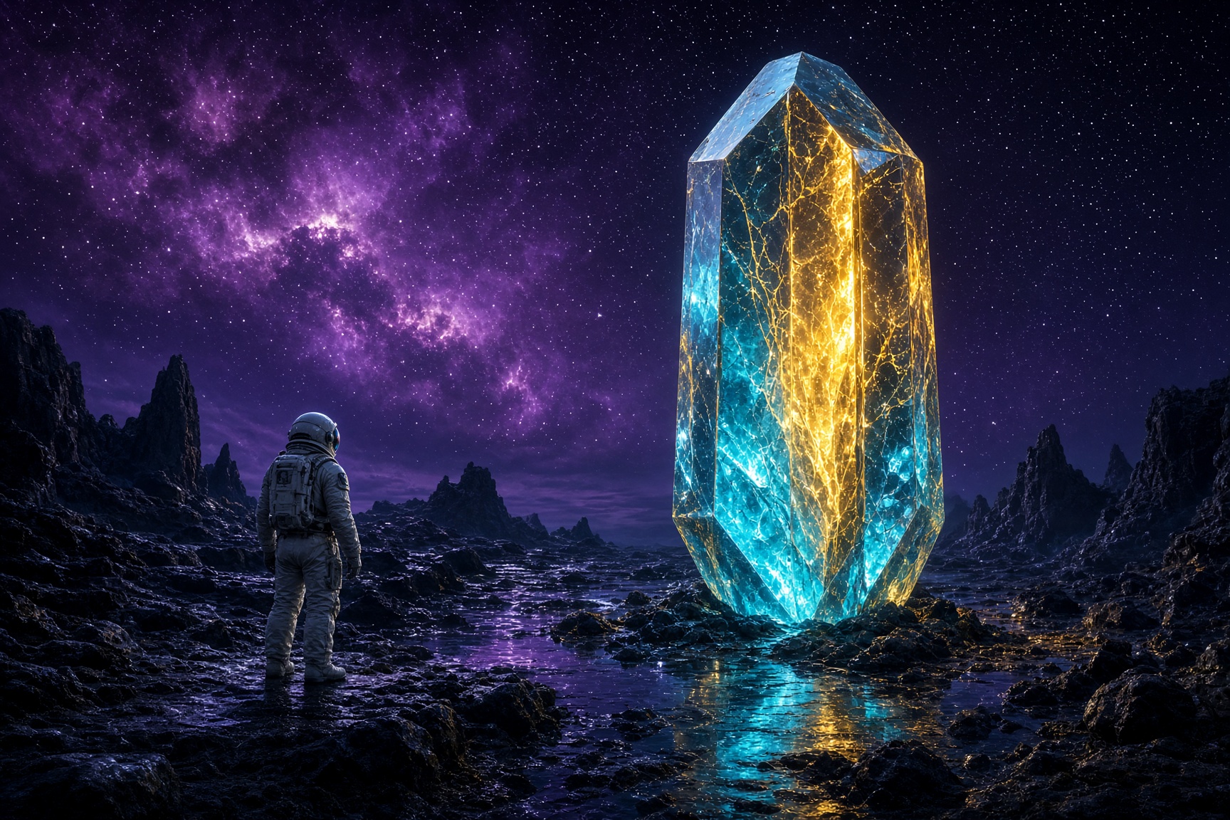 Astronaut facing a glowing crystal monolith