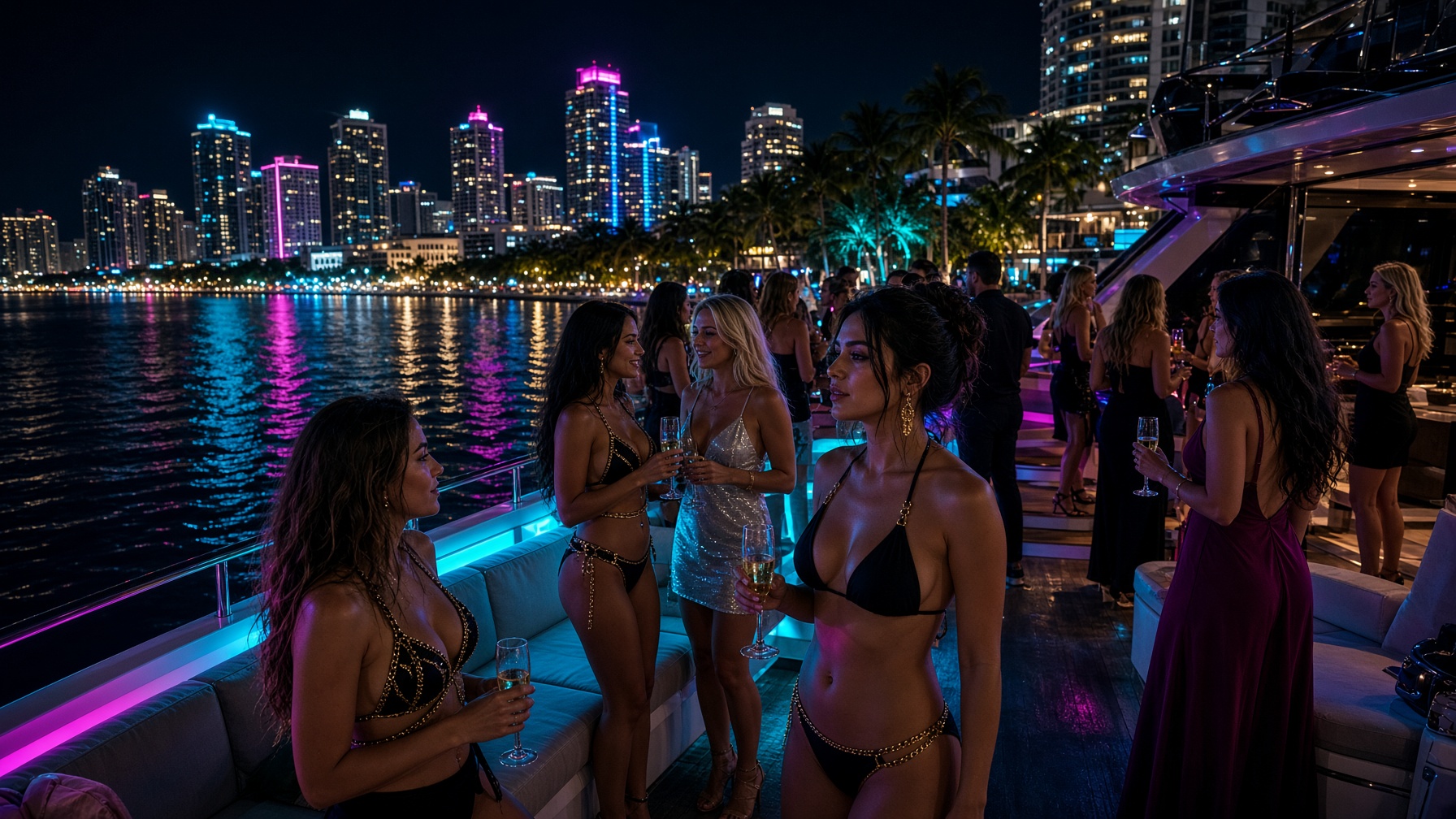 Luxury yacht party against a neon skyline